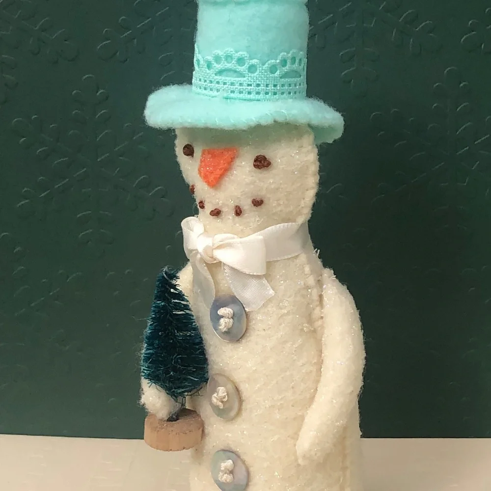 Snowman Art Doll Coastal Felt Hand-sewn aqua top hat handmade